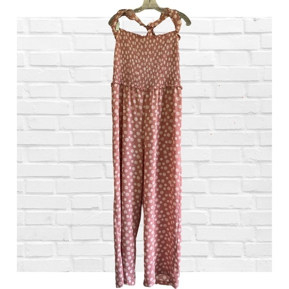 Candie’s Pink and Cream Polka Dot Jumpsuit Smocked Bodice Wide Leg Women’s XL - Picture 1 of 7